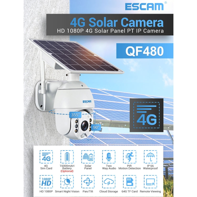 ESCAM QF480 EU Version HD 1080P IP66 Waterproof 4G Solar Panel PT IP Camera with Battery, Support Night Vision / Motion Detection / TF Card / Two Way Audio, with Battery(EU Version) ESCAM QF480 EU Version HD 1080P IP66 Waterproof 4G Solar Panel PT IP Camera with Battery, Support Night Vision / Motion Detection / TF Card / Two Way Audio, with Battery(EU Version)